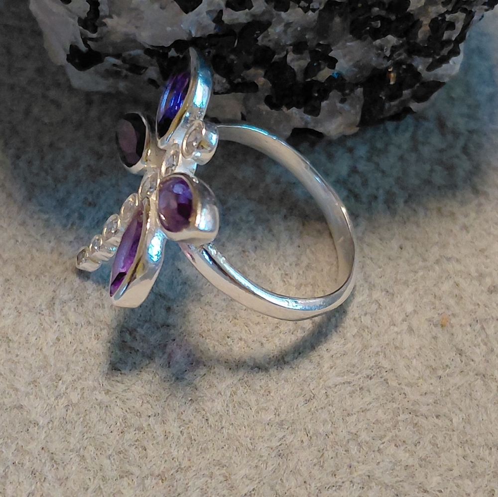 Amethyst And CZ Sterling Silver Dragonfly Ring - Picture 7 of 9